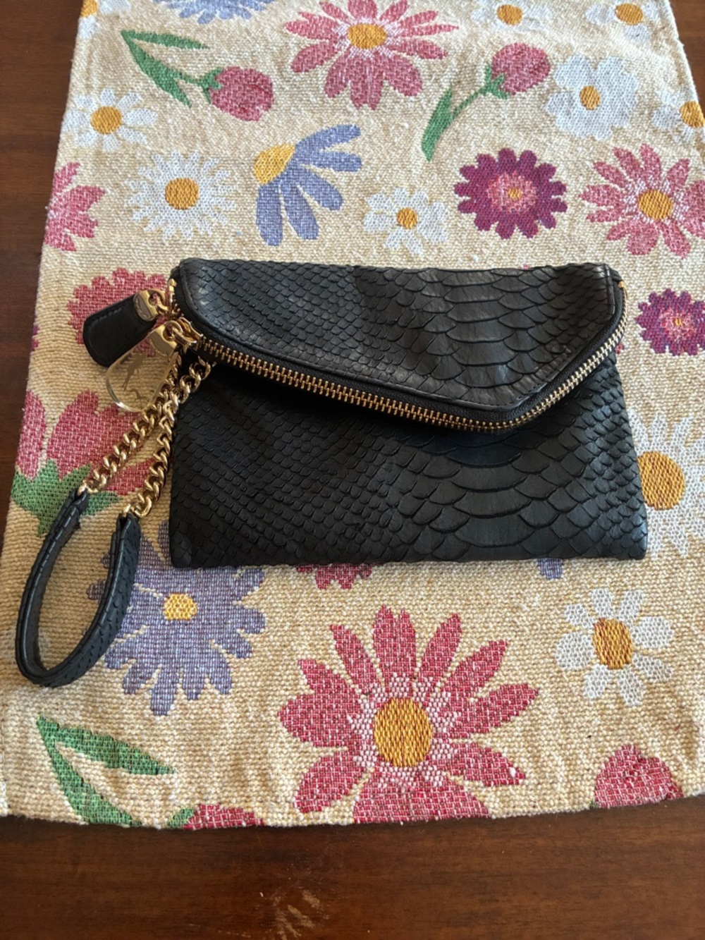 Henri Bendel Debutante Black Embossed gold chain wristlet